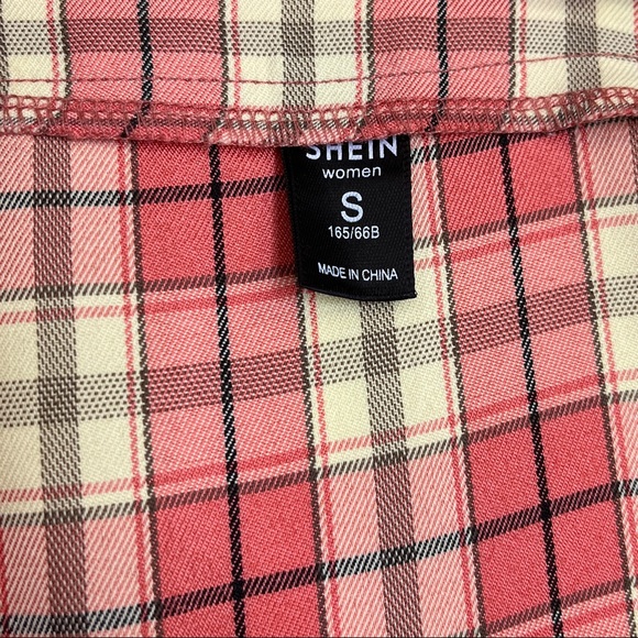 SHEIN Pink Plaid Stretch Mini Skirt Size S 4 6 Ivory Zipper Schoolgirl Preppy - Picture 8 of 9